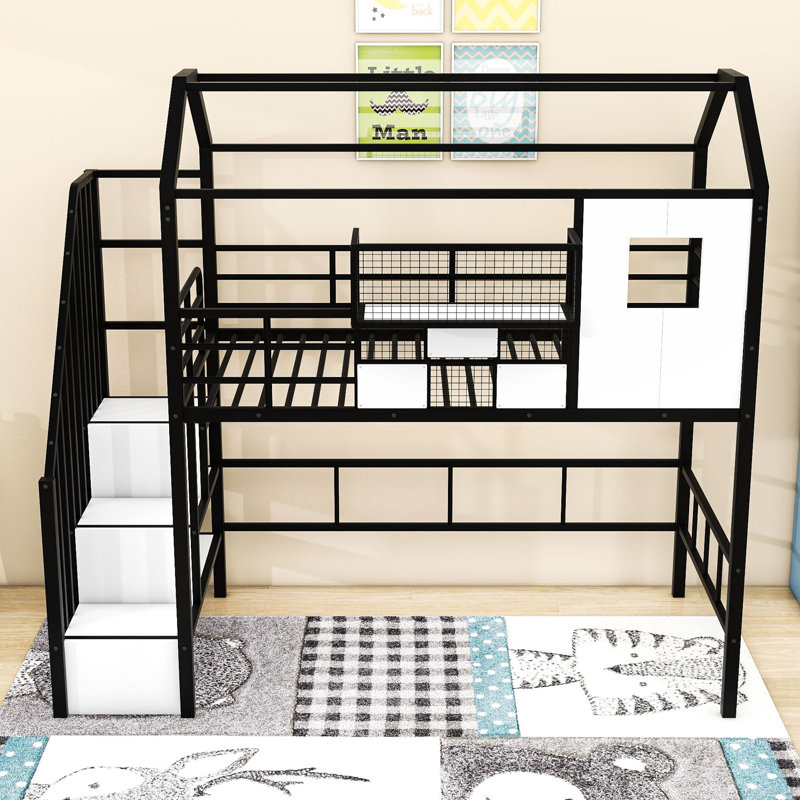 Twin Metal Loft Bed With Roof Design, Convenient Storage Case And Staircases, Black