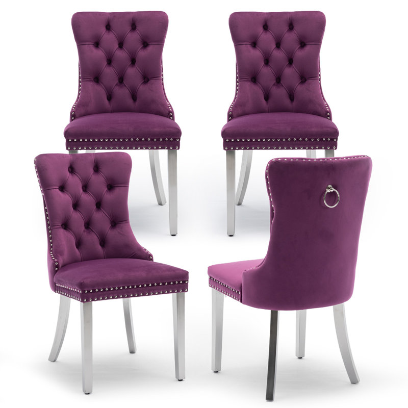 Ensemble de 4 chaises de salle à manger rembourrées en velours avec pieds argentés, Argent argent, Mauve