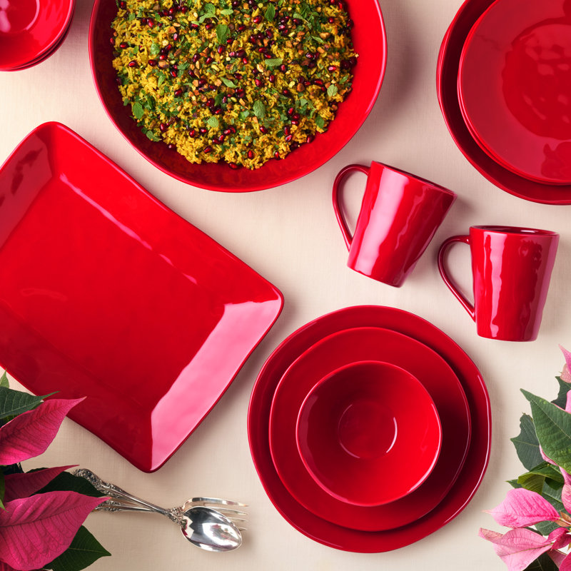 Berry Red Christmas 16pc Dinnerware Set, Stoneware Holiday Tableware Service for 4 with Plates, Mugs & Bowls, Mix and Match with Holly and Vines for a Festive Christmas Table