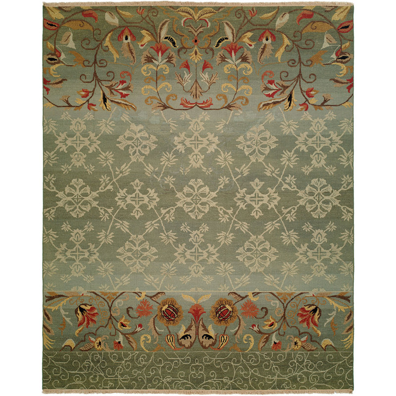 Wool Floral Area Rug in Blue, Rectangle 2' x 3'