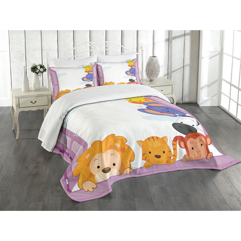 Ambesonne Zoo Bedspread Set Animals Peeping Window Multicolor, King Bedspread + 2 Standard Shams