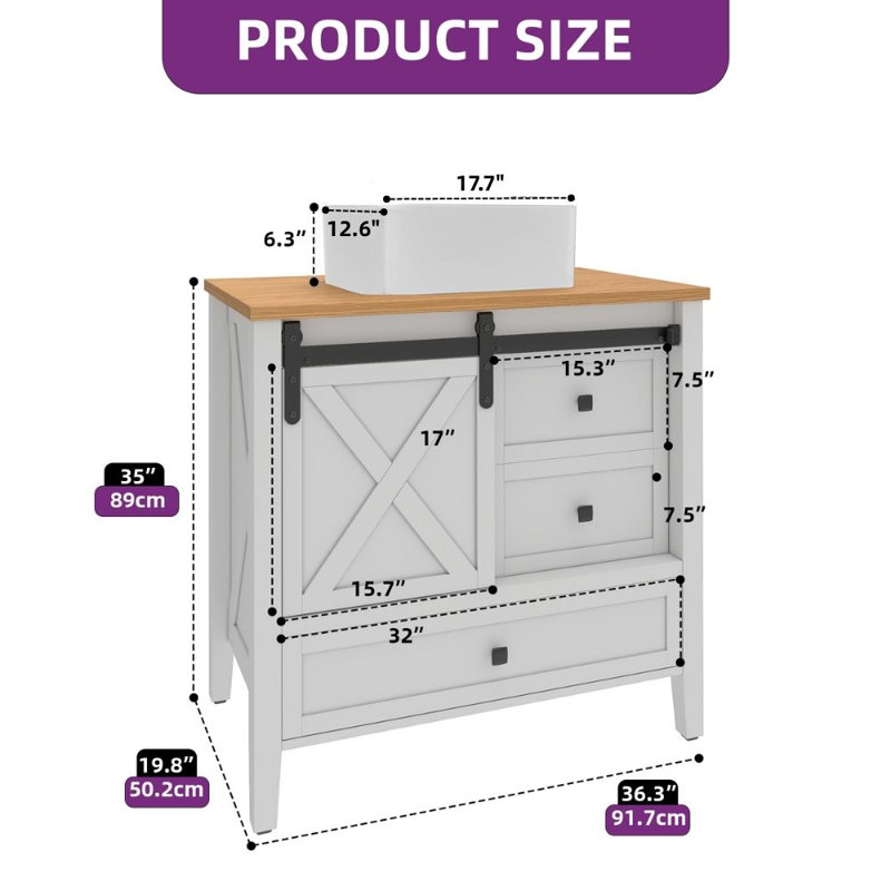 36" Farmhouse Bathroom Vanity Cabinet With Ceramic Sink Basin, Sliding-Door Cabinet & Drawers