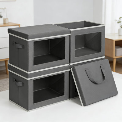 Foldable Storage Bins With Lids And Clear View Window - Stackable Fabric Organizer Boxes For Closet, Wardrobe, And Home Organization, 4-Pack