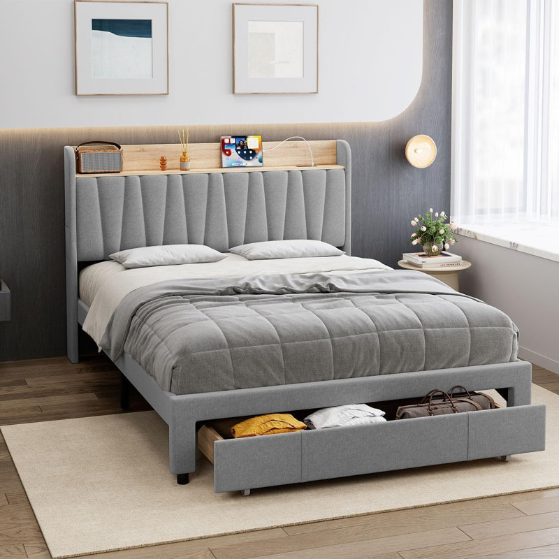 Structure de lit avec tête de lit et tiroirs de rangement, lits plateforme tapissiers avec rangement, station de charge pour prises USB et CA, sans bruit, aucun sommier requis, assemblage facile