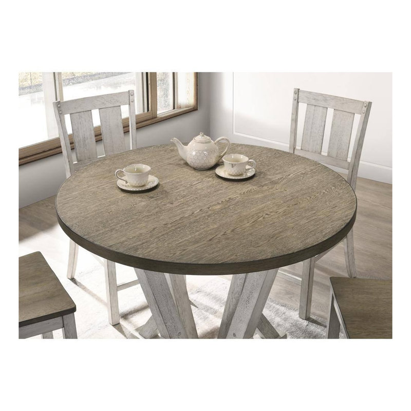 Table de salle à manger à hauteur de comptoir ronde antique blanche et brun cendré - Base de piédestal en bois d'hévéa massif avec finition rustique deux tons