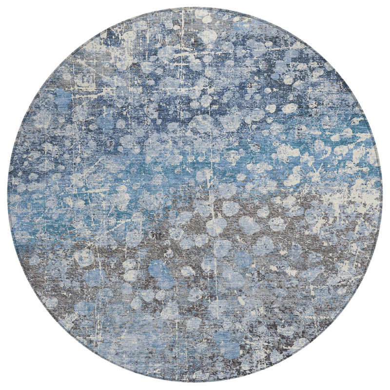 Tapis d'intérieur rond lavable abstrait bleu et gris 8 pi