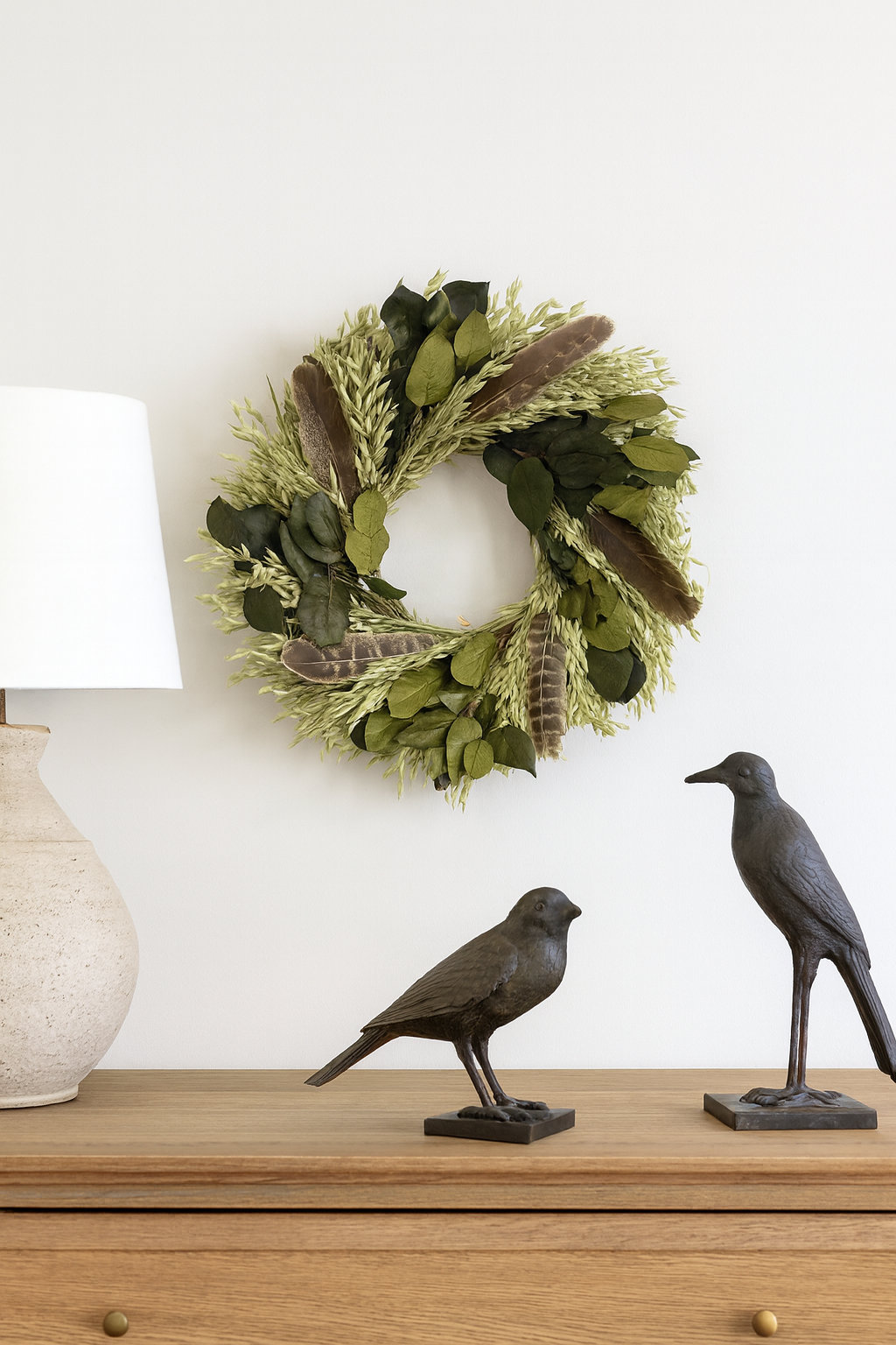 22" Handcrafted Fall Leaf Wreath, Green/Gray/White/Silver