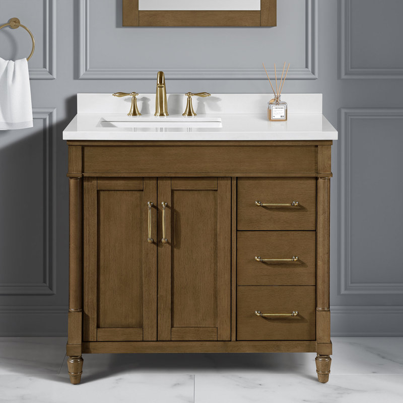OVE Decors Salisbury Meuble-lavabo autoportant simple en latte d'amande avec comptoir en marbre d'ingénierie blanc