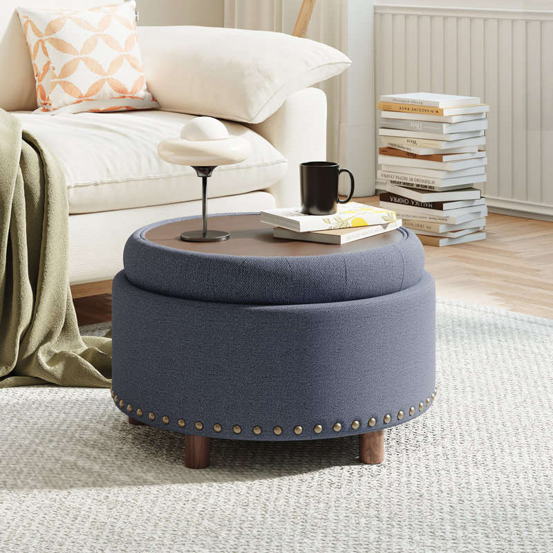 25" Round Upholstered Storage Ottoman with Tufted Cushion, Hidden Storage, Blue