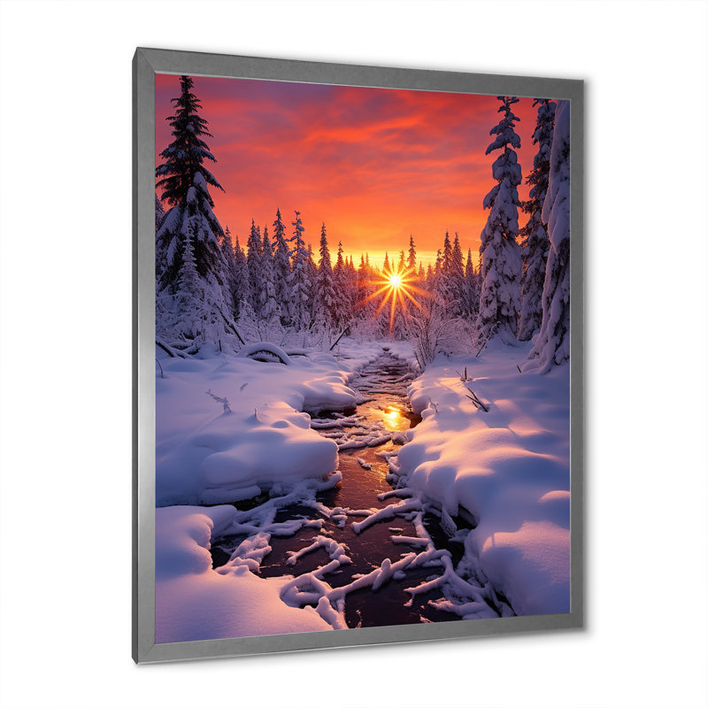 Rose et jaune en hiver lever de soleil III - paysage d'hiver, Cadre simple argenté, H 32 po x l 16 po x P 1 po