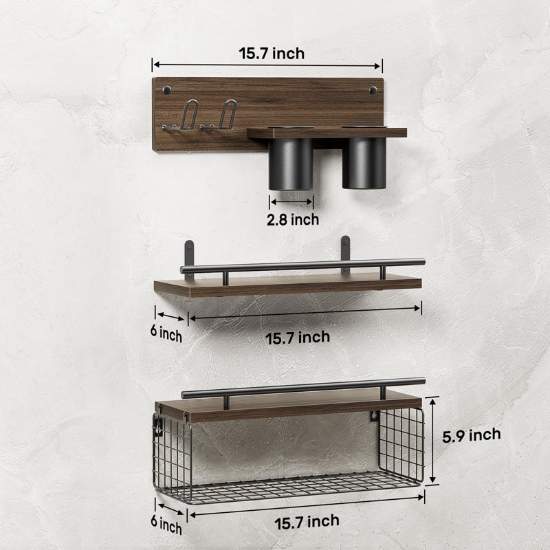 Tablettes flottantes de salle de bain avec support pour sèche-cheveux, tablette murale en bois avec rangement pour séchoir