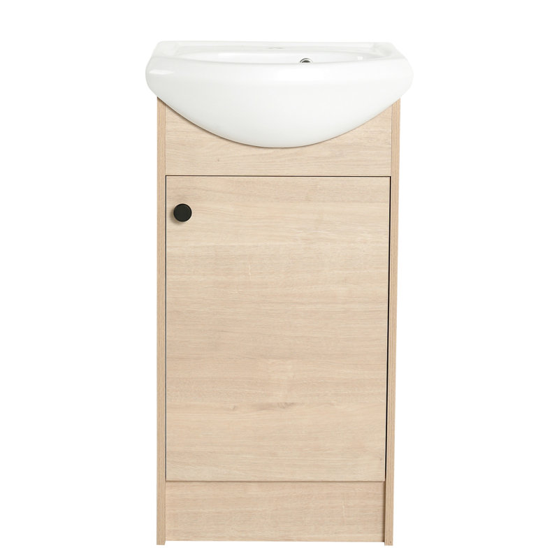 Petit meuble-lavabo avec lavabo - Chêne uni, tablette ajustable, grand espace autoportant pour l'eau, conception unique