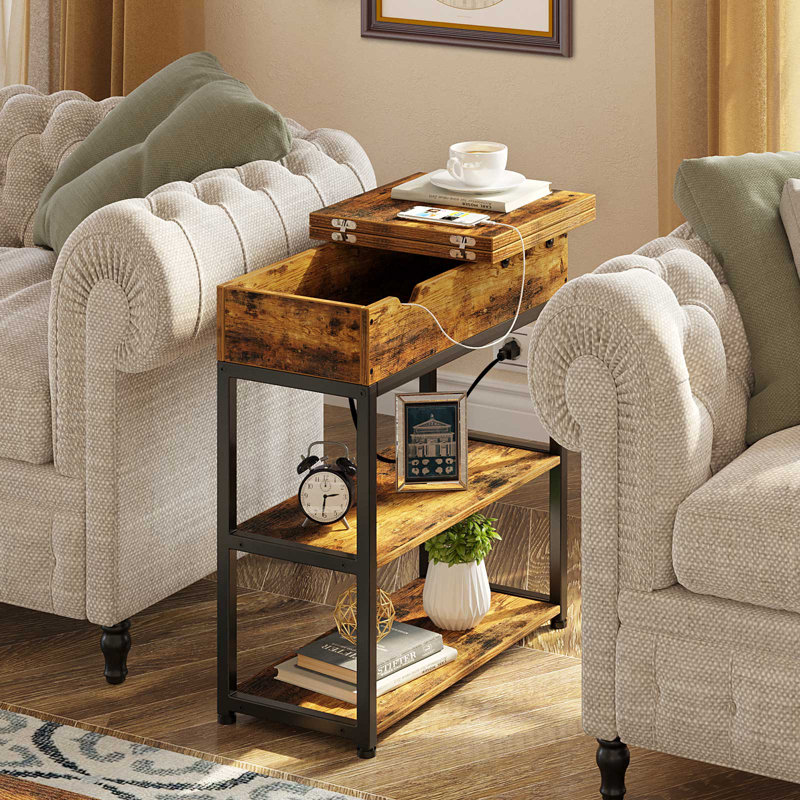 End Table with Storage and Charging Station, Rustic Brown
