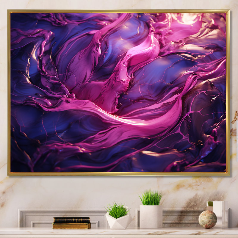 Décoration murale en marbre rose et mauve Essence III - marbre, Cadre flottant doré, H 34 po x l 44 po x P 1,5 po