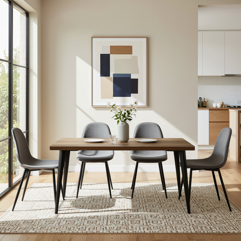Ensemble de salle à manger 5 pièces rectangulaire de 63 po avec chaises rembourrées de style Mid-Century, Walnut, Grey