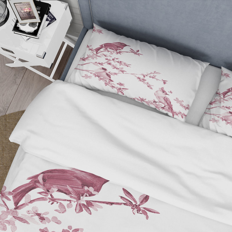 Magnifiques oiseaux roses - ensemble de housse de couette traditionnel - microfibre de polyester