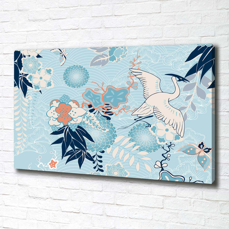 Crane And Flowers - Wrapped Canvas Print