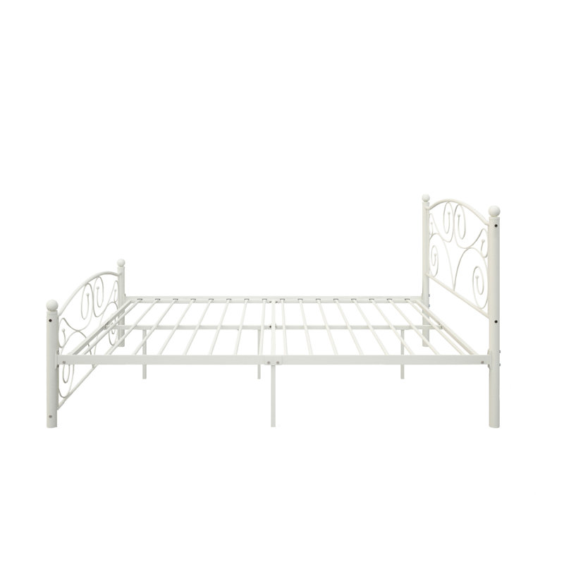 Structure de lit en métal blanc pour grand lit, style floral unique, structure solide, silencieuse et stable, pas besoin de sommier pour grand lit, matériau, motif, système, tête de lit inclus, ajustement du matelas de 8 pouces,