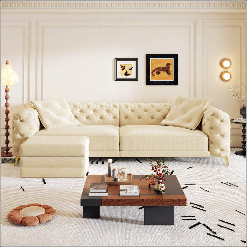 Canapé-lit 97,7 pouces convertible 3-en-1 avec siège profond, conception moderne capitonnée, canapé 4 places et repose-pieds mobile pour une utilisation polyvalente