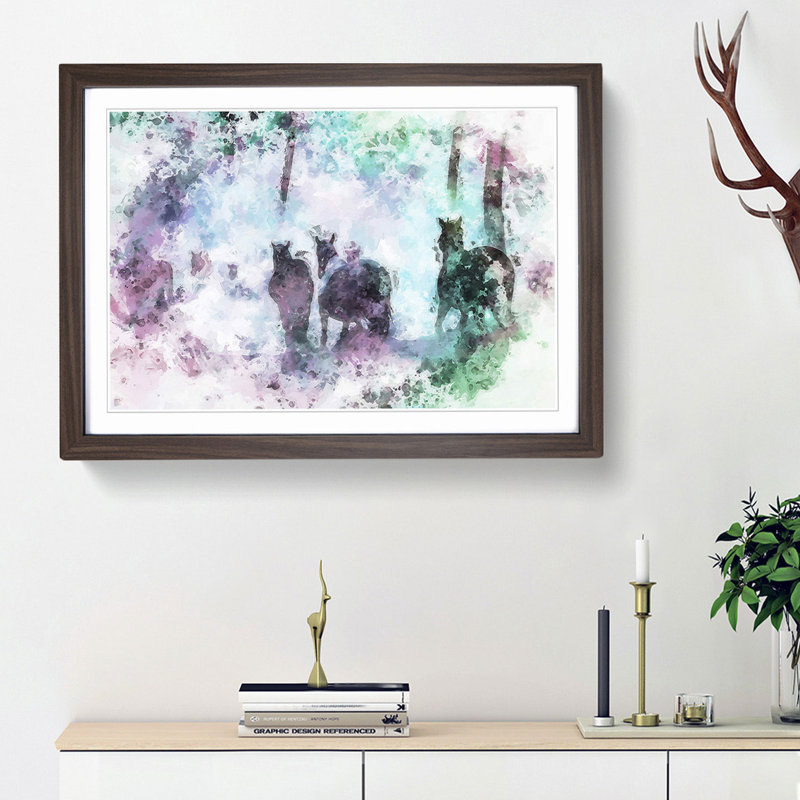 Horses in a Colourful Forest in Abstract - Picture Frame Painting Print on MDF, Walnut Framed, 62cm H x 87cm W x 2cm D