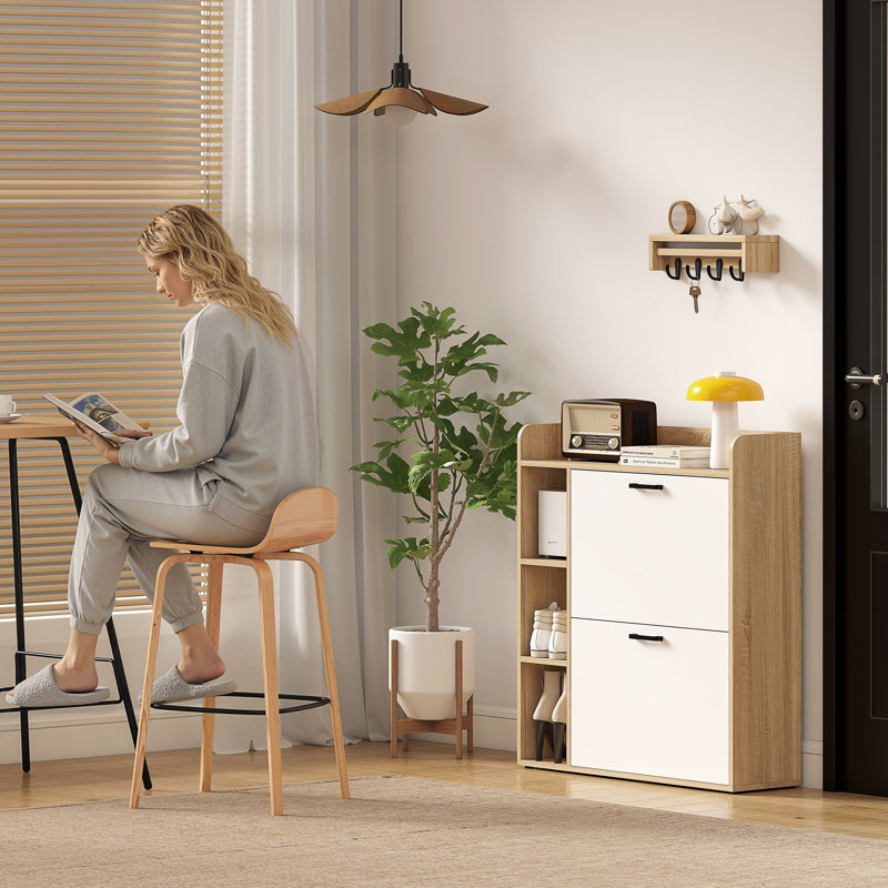 Armoire à chaussures avec 2 tiroirs rabattables, armoire de rangement pour chaussures, naturel, Bois naturel