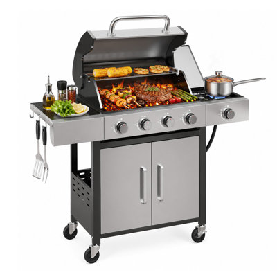 49000 BTU 4-Burner Propane Grill with Side Burner | Stainless Steel Outdoor Grill with rotisserie, Cast Iron Cooking Grates & Side Shelves for Patio, Backyard, Outdoor Cooking
