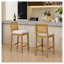 Ensemble de 2 tabourets de bar en bois massif à dossier en rotin avec coussin en lin beige, siège de style nautique à hauteur de comptoir-1414962313-1414962315
