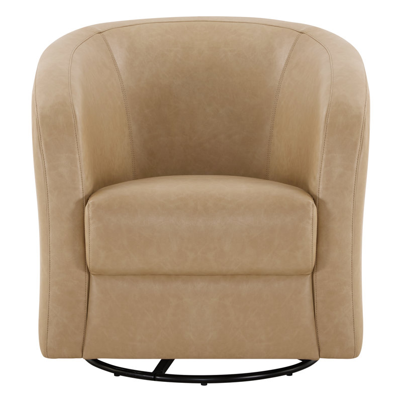 Upholstered Leather Swivel Barrel Accent Arm Chair, Beige
