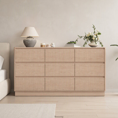 Commode en bois naturel à 9 tiroirs, meuble de rangement multifonctionnel et meuble télé