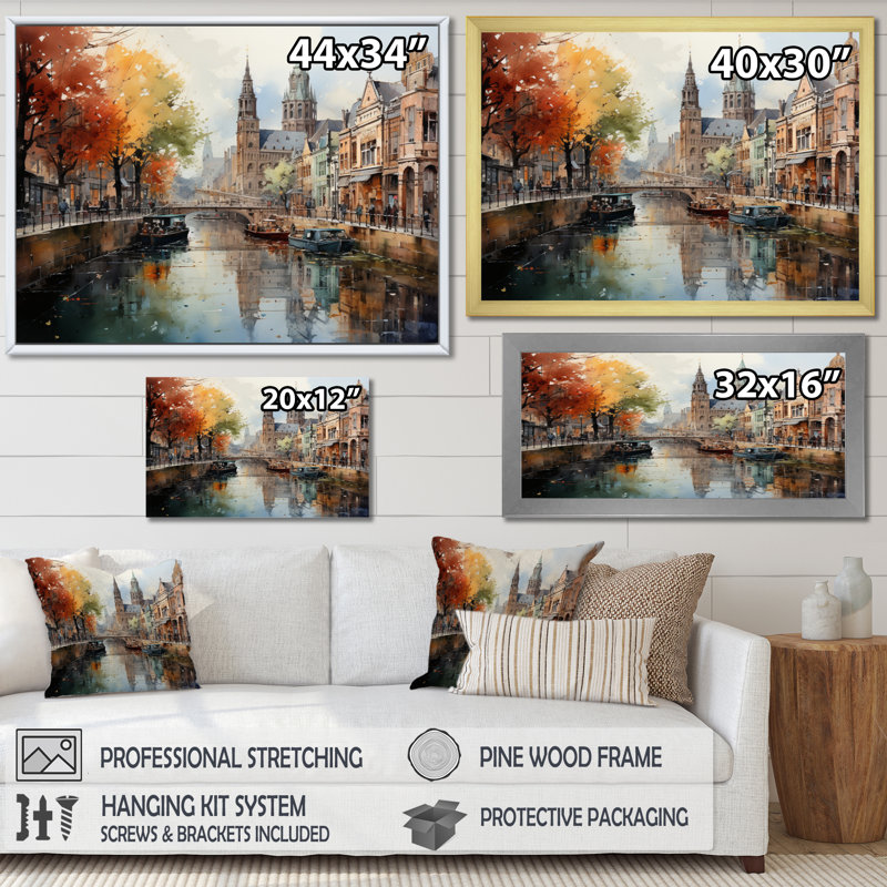 Paysage urbain de Beige Canal Urban Reflections - impression, H 30 po x l 40 po x P 1,5 po, Cadre photo noir