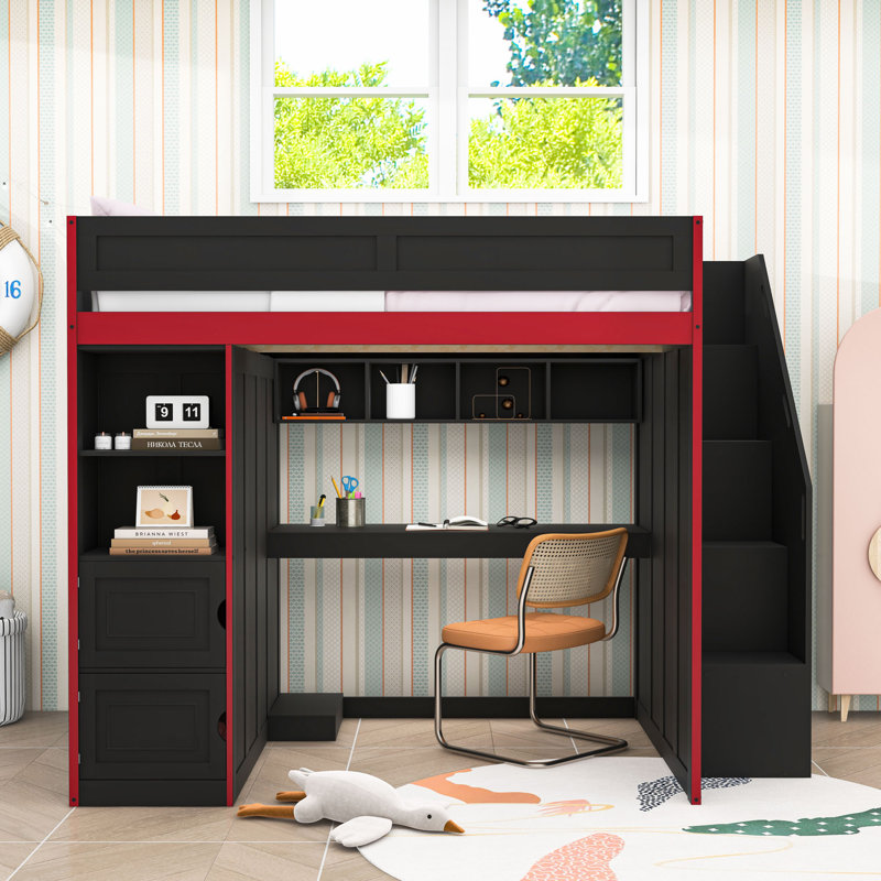 Lit mezzanine double avec bureau, garde-robe, tablettes et bande lumineuse à DEL, Double
