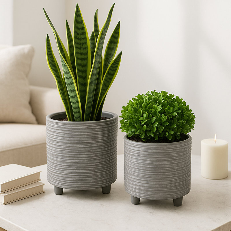 Charmayne Modern Textured Footed Planters for Outdoor and Indoor Spaces - Artistic Flower Pots for Home, Living Room, or Patio Decor - Set of 2, 8", 6"