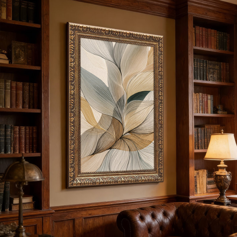 Art mural en toile noyer doré encadré pour salon, chambre à coucher, bureau ou vestibule - décoration murale décorative avec feuilles abstraites