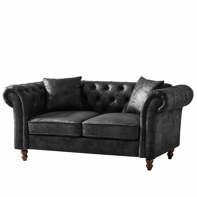 Fauteuil à 2 places moderne noir Mid-Century de 66 po avec structure en bois massif et en tissu de haute technologie, accoudoirs roulés, convient à un appartement, siège mi-moelleux, coussins décoratifs noirs, conception européenne