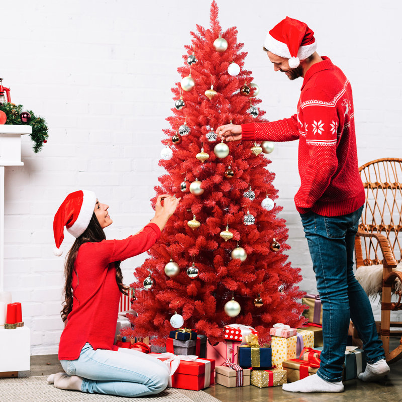 Arbre de Noël rouge de 7 pi, Joy, 1066 pointes réalistes, branches articulées auto-extensibles, support en métal stable à installation rapide, décor