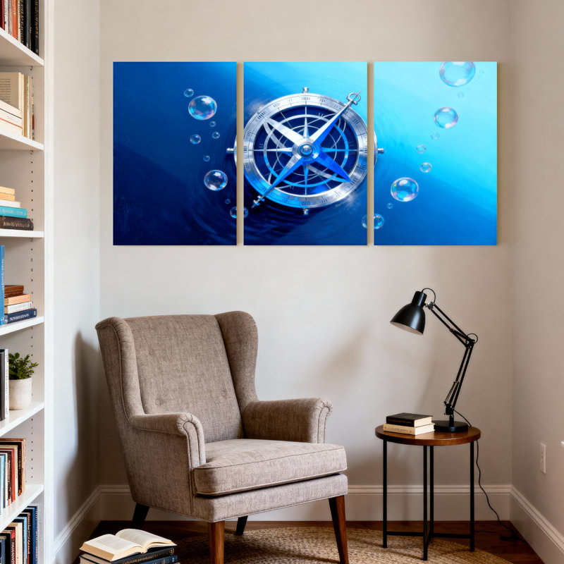 «Nautical & Beach Blue Compass Water Bubbles», ensemble de 3 impressions sur toile, H 18 po x l 36 po