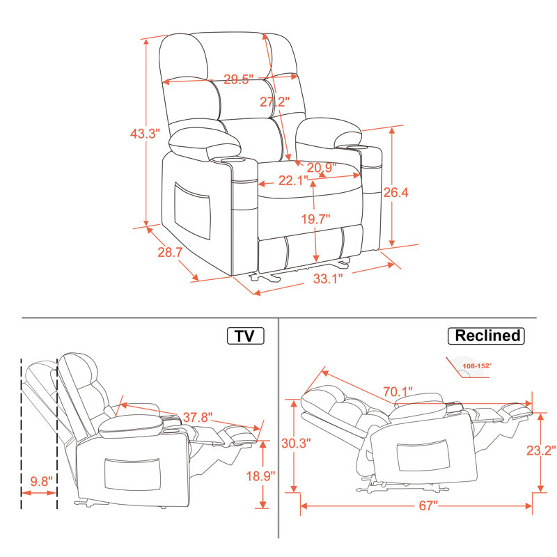 Power Recliner Chair with Heat and Massage, Cup Holder, USB Port, Faux Leather, Black