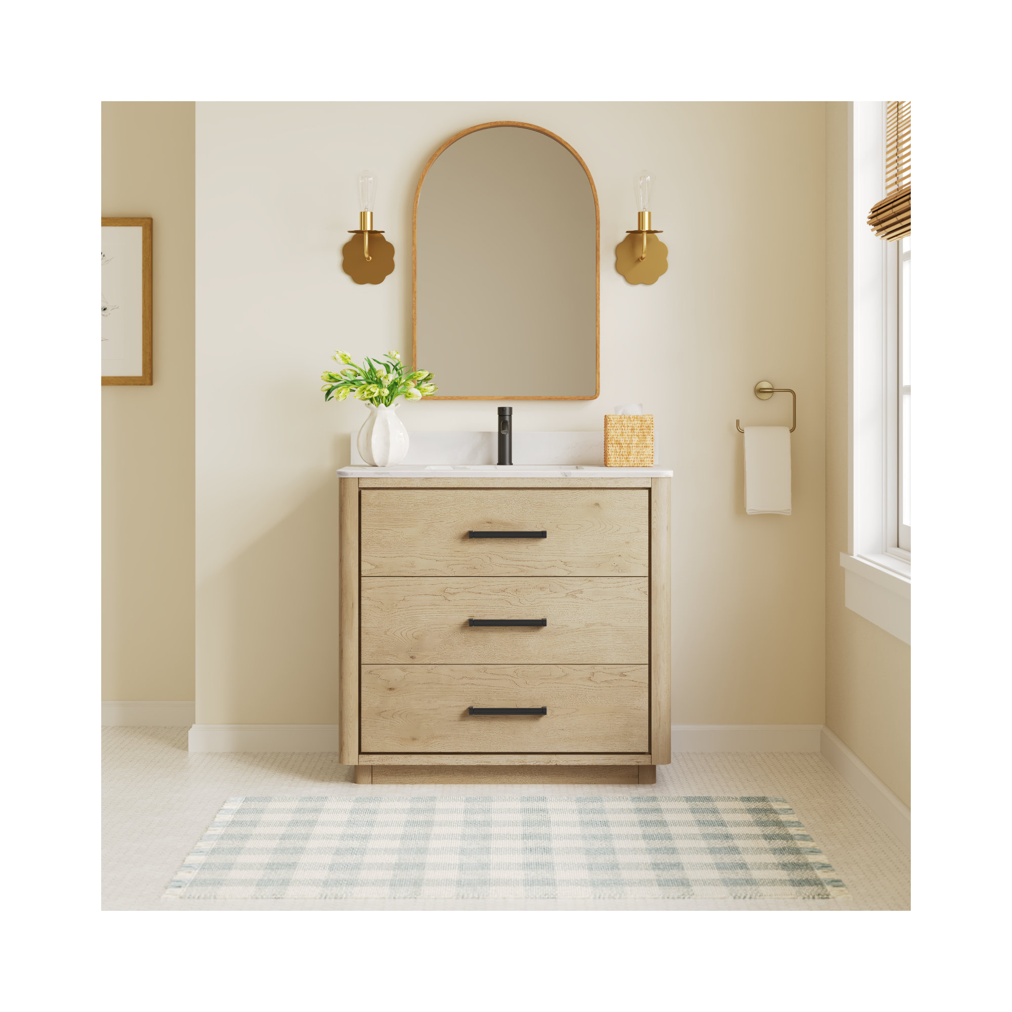 Porto 36'' Single Bathroom Vanity, Matte Black, Natural Oak