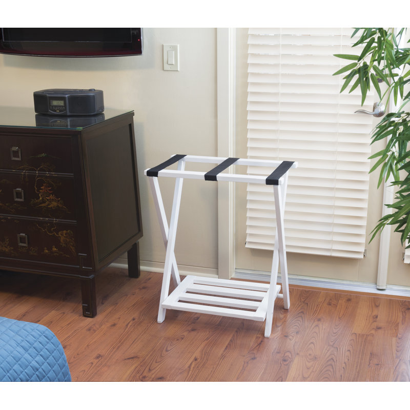 White Folding Wood Luggage Rack with Bottom Shelf