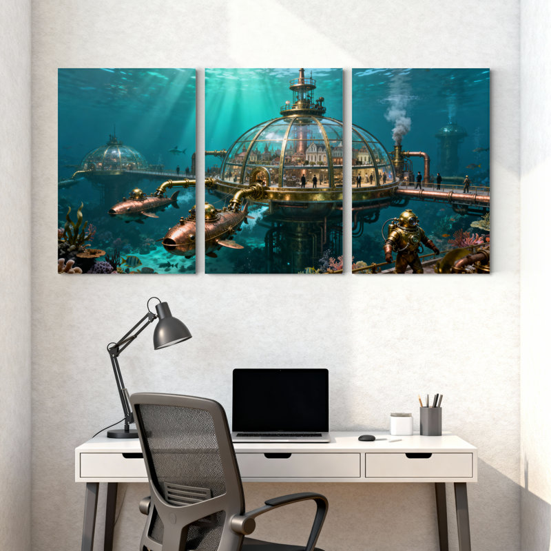 «Fantasy & Sci-Fi Underwater Steampunk City with Submarines And Divers», ensemble de 3 impressions sur toile