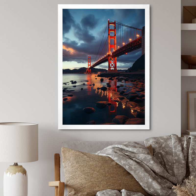 «USA Golden Gate Symphony Cloudy Sunset», reproduction sur toile, Cadre simple blanc, H 32 po x l 16 po x P 1 po