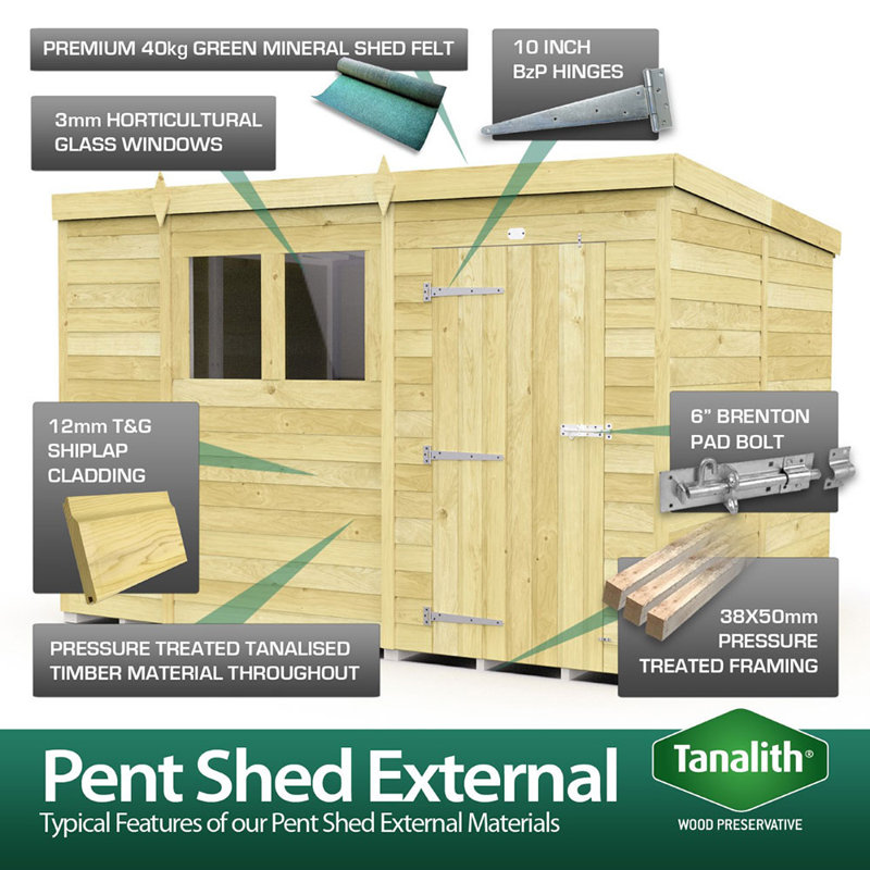10ft x 8ft Pent Shed - Double Door with Windows