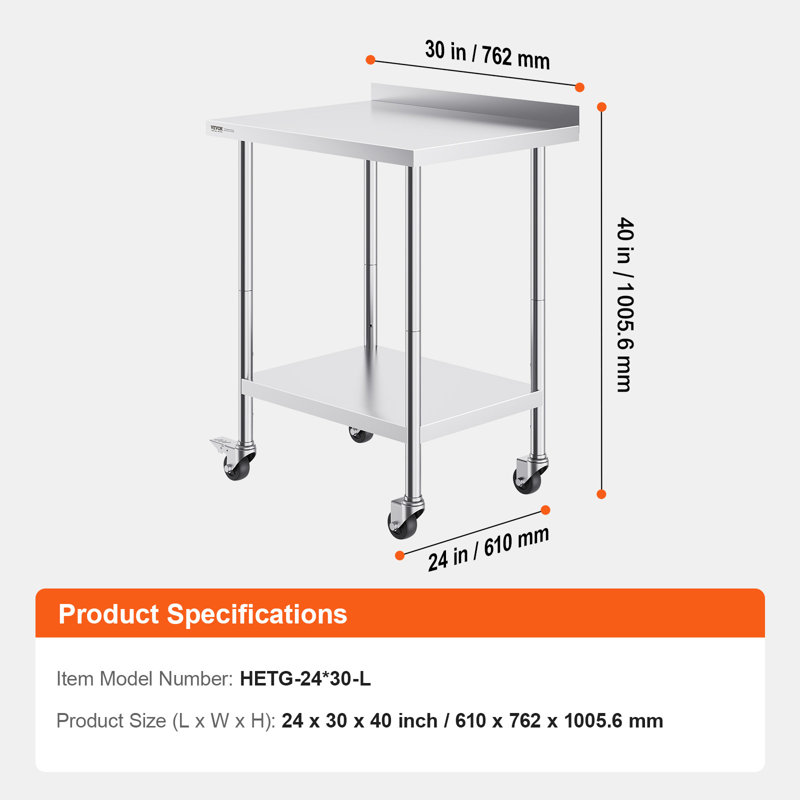 Stainless Steel Top Workbench, 5" H x 30" W x 24" D