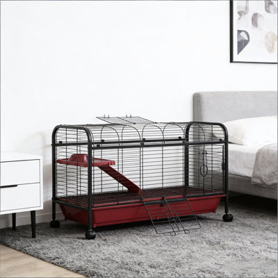 Rabbit Cage With Elevated Platform And Easy Access - 41.5" L X 17.3" W 26" H, Heavy Duty Powder Coated Steel, 5.5" Deep Base, Cleanup Pet Ferret Play House Multi Level Design