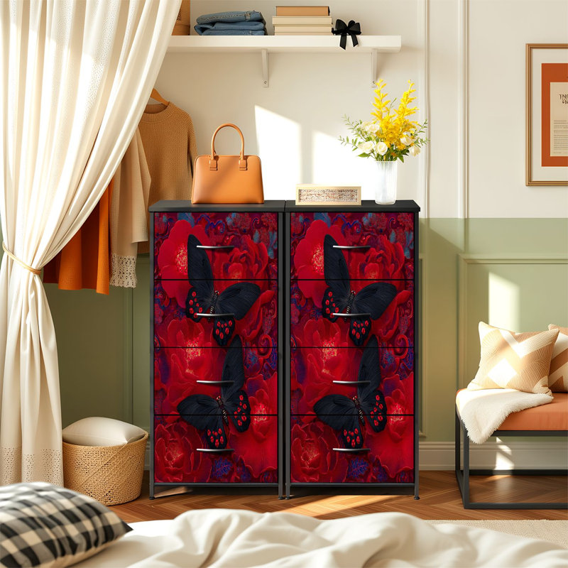 Commode pour la chambre à coucher avec 4 tiroirs de rangement Papillons noirs, rouge éclatant, pétales floraux détaillés Commodes élégantes Commode en acier avec cadre en tissu pour vestibule