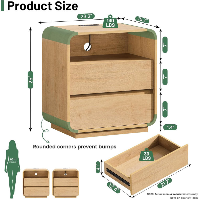 25" H Wood End Table,  Natural Nightstand with Charging Station & 2 Drawers, Curved Side Table, Natural, Individual