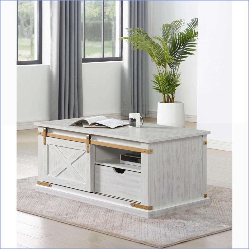 Table basse rustique blanche antique avec tablettes ouvertes et tiroir pour le salon, rangement élégant