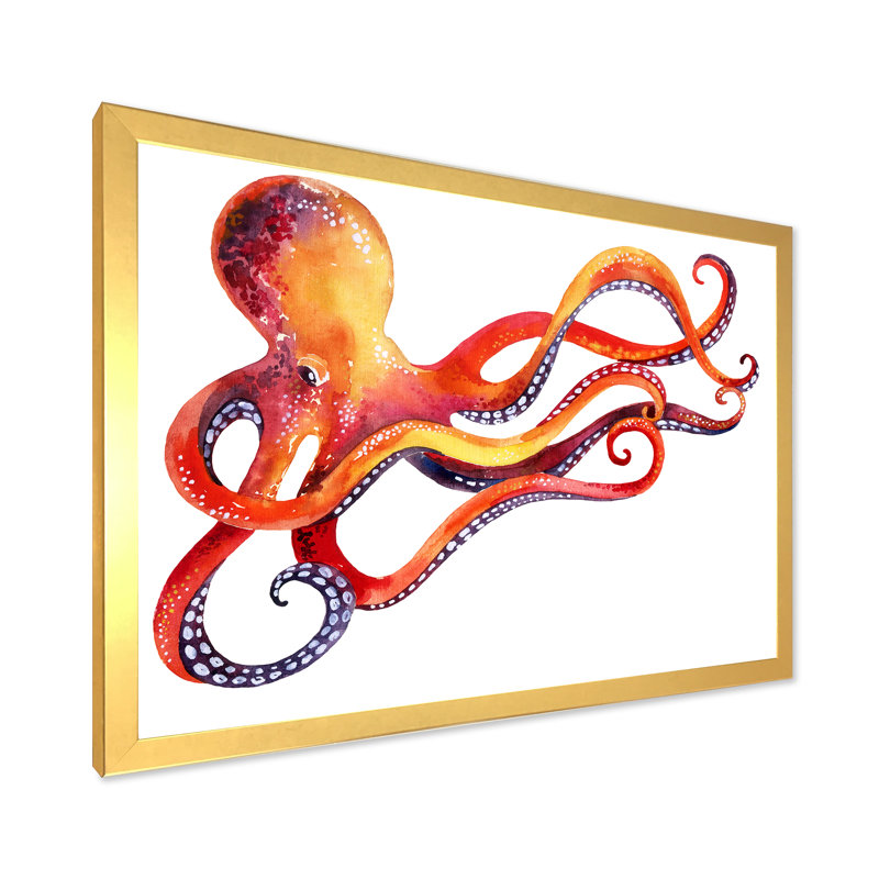 Pieuvre orange - œuvre d'art traditionnelle sur toile, H 40 po x l 30 po x P 1,5 po, Cadre photo doré