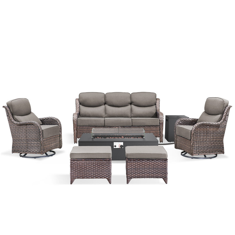 Bruner 6-Piece Wicker Rattan Patio Fire Pit Table Conversation Set With Swivel Gliders And Ottomans