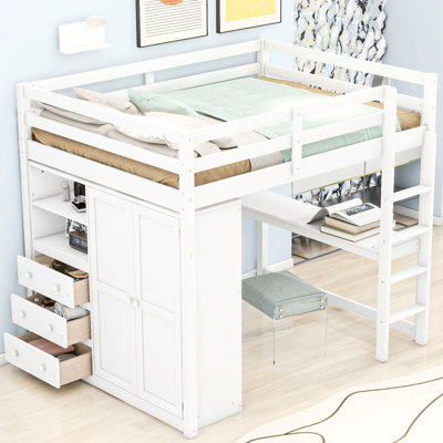 Lit mezzanine double en bois blanc avec rangement intégré: garde-robe, bureau, tablettes, tiroirs - option élégante pour la chambre à coucher avec tablettes